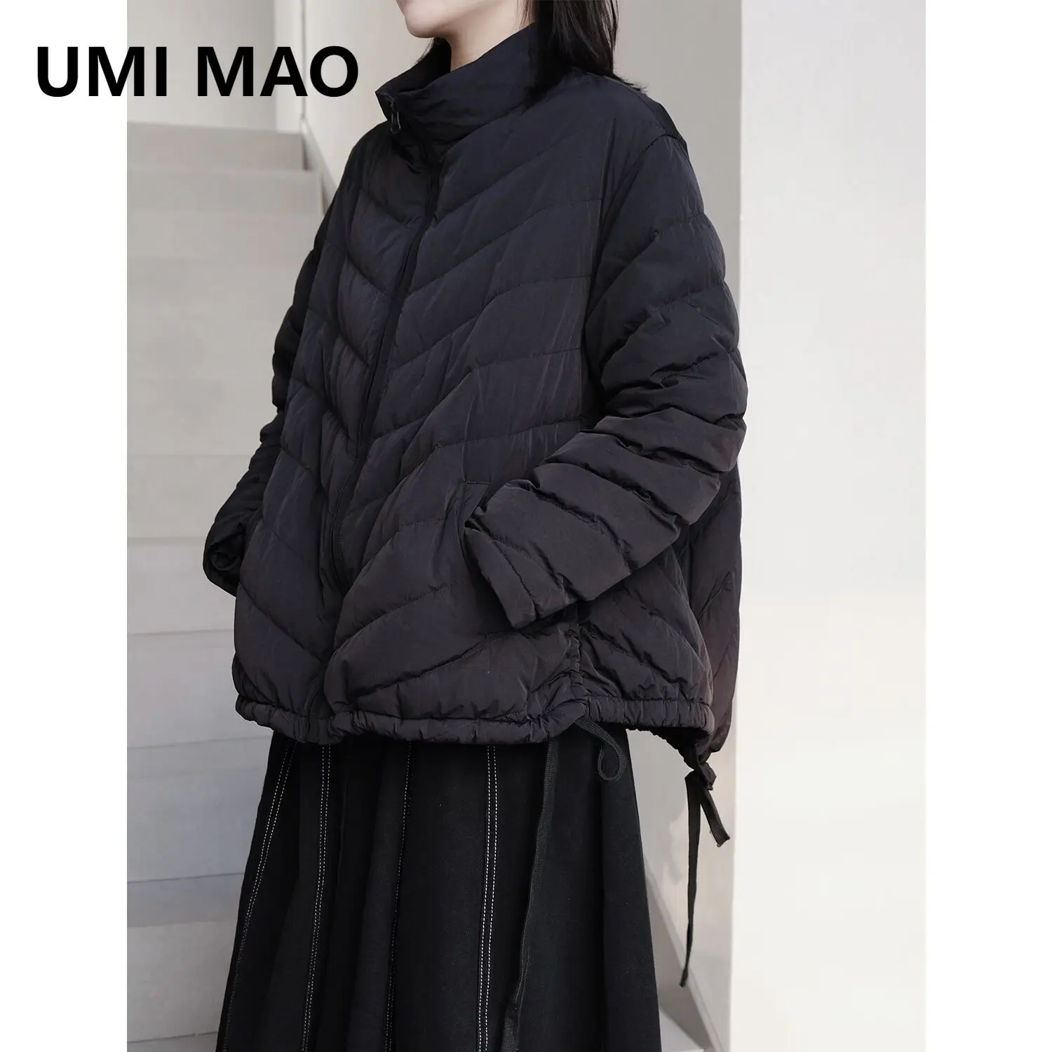 

UMI MAO Yamamoto Dark Down Jacket Japanese Hem Drawstring Minimalist Silhouette Thickened Warm Coat Winter Girl Femme