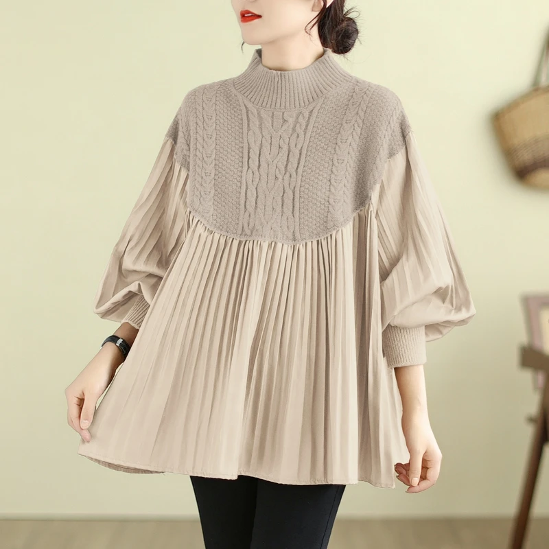 Loose Fit Women's Knitted Patchwork Sweater plus Size irt Top Slimming Effect Comfortable Long Sve High Collar Base Layer