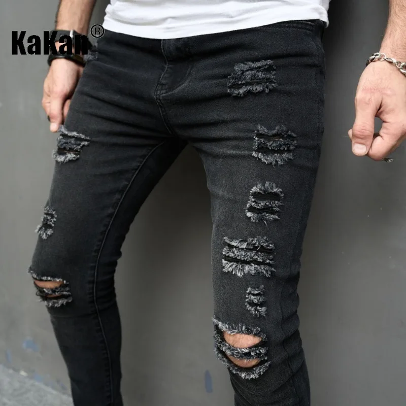 Kakan - European and American New Worn Knee Stretch Jeans for Men, Tight Black Casual Feet Slim Fit Pants K49-2008