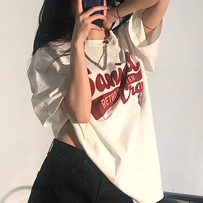 Women's Vintage White T Shirt Short Sleeve Harajuku Tees Streetwear Korean Top Oversized Loose Y2k Summer Fashion 5