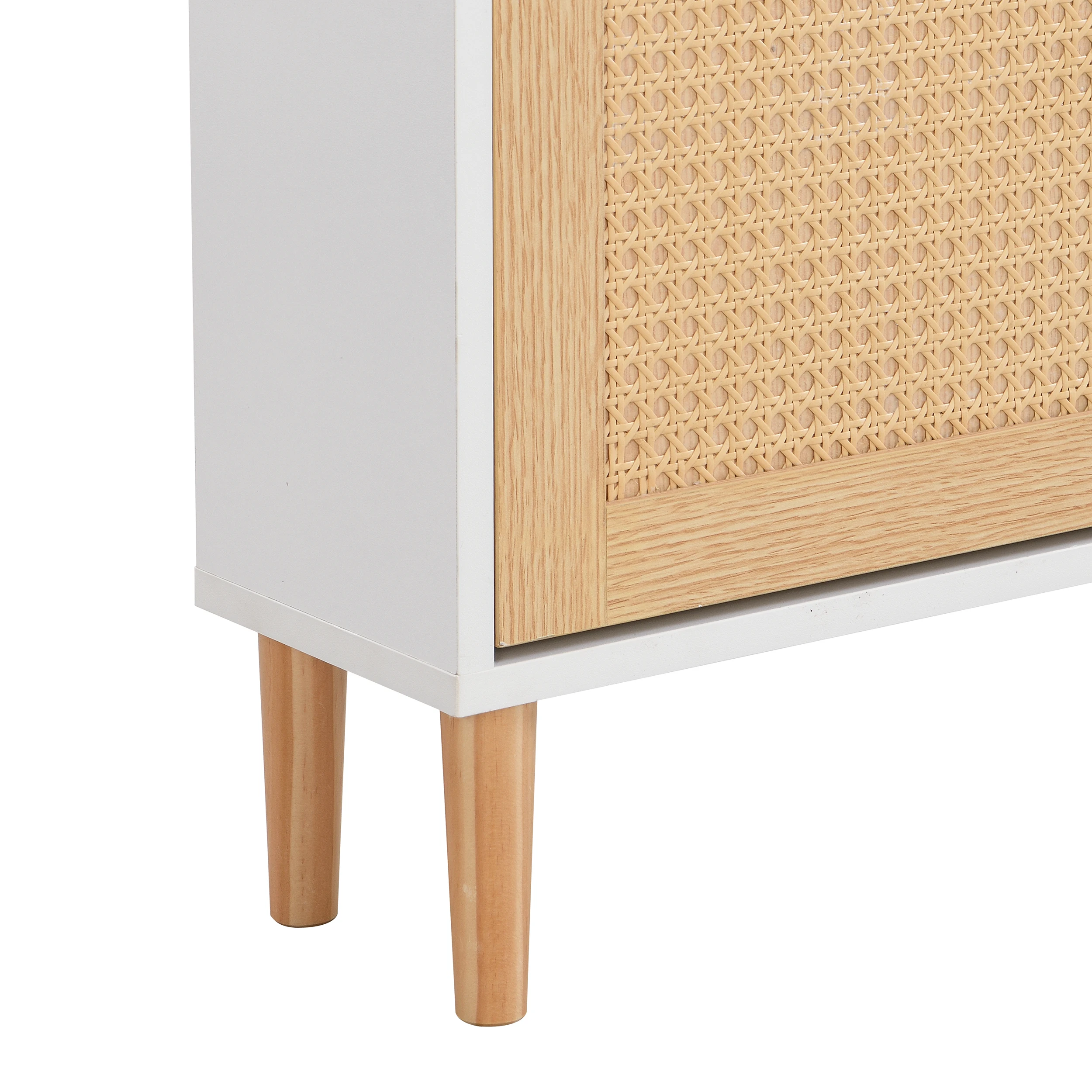 Wooden Fabric Rattan Shoe Cabinet for Narrow Entrances 3 Tilt Doors and 1 Drawer with Solid Wood Legs and Handles – Detail 11