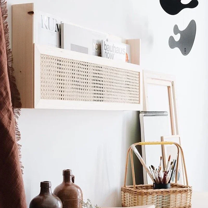 Kid's Study Book Shelf Wall Decoration Magazine Storage Solid Wood Rattan Newspaper Rack Wall Hanging Partition Display Stand