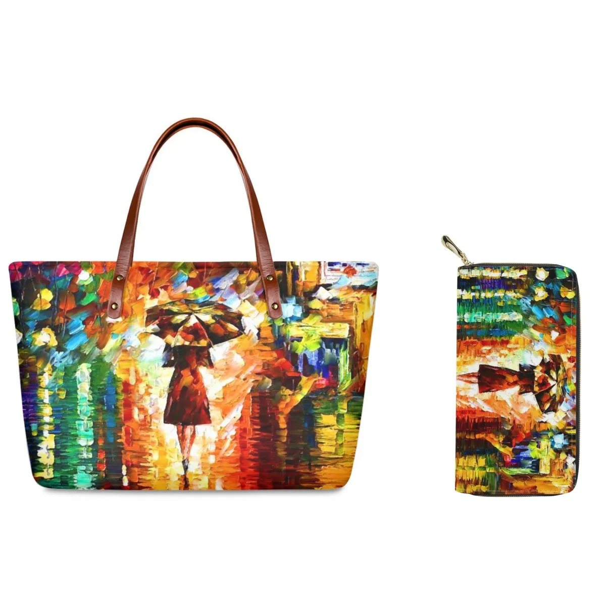 Colorful Maple Oil Painting Combination Handbag Plus Leather Wallet Universal Rustic Rustic Style Ladies Handbags Street Fashion