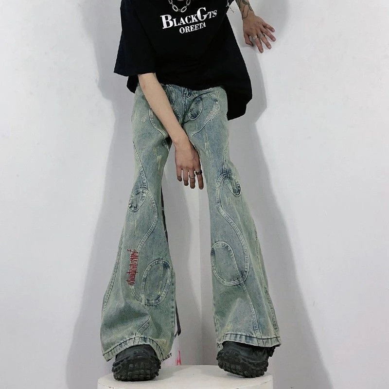 

Women's Embroidered Patchwork Micro Flared Jeans Vintage Cool Girl High Waisted Bell-bottom Pants Female Casual Denim Trousers