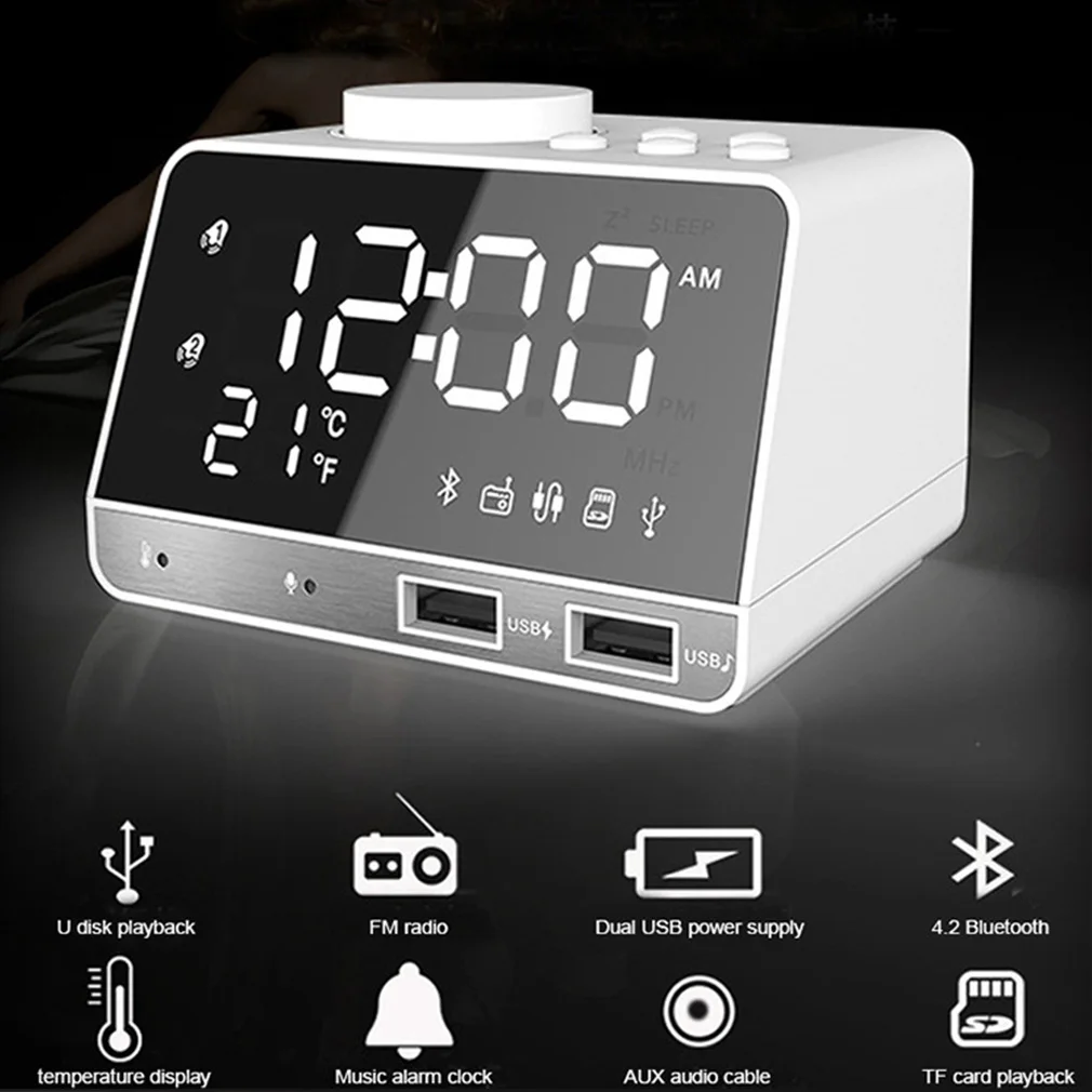 K11 Bluetooth-compatible 4.2 Radio Alarm Clock Speaker 2 USB Ports LED Digital Table Clock Home Decoration