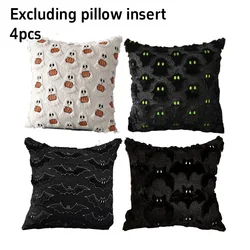Halloween Black & White Ghost Bat Decorative Plush Pillow Cover - Festive Home Accent - 18in 18in (One Set)