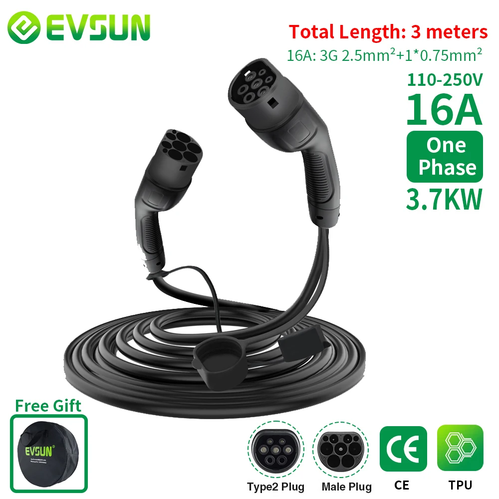 EVSUNEVCarChargerChargingCable1PhaseElectricVehicle16AType2