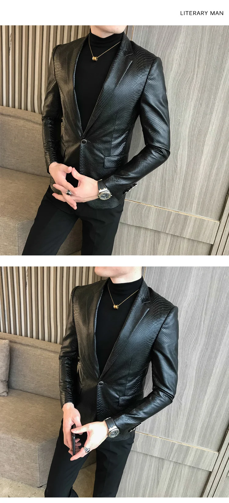 Button One PU Blazer Men Slim Fit Blazer Masculino Black Mens Blazer Para Hombre Vintage Prom Blazers For Men black blazer for men