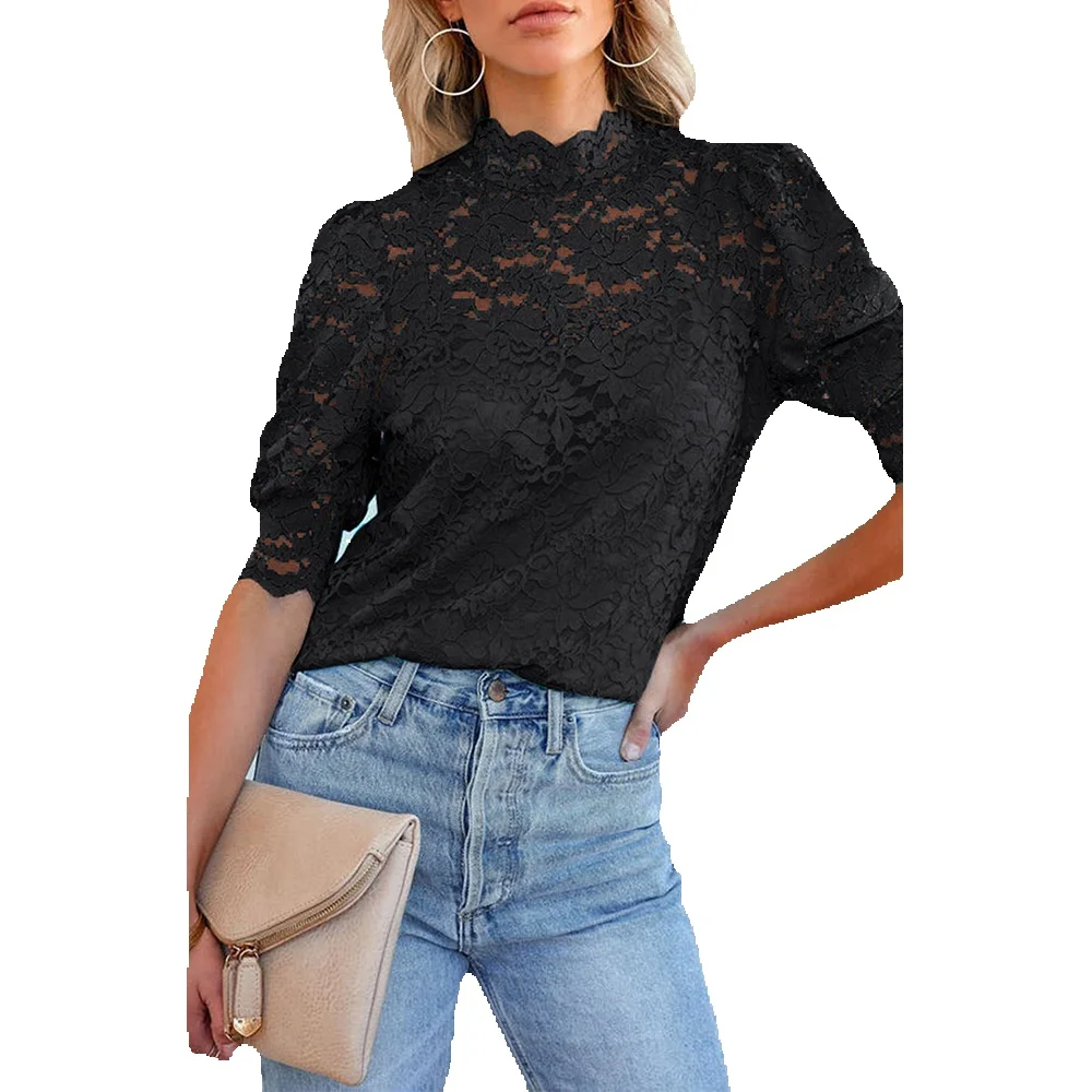 

Spring High Neck Lace Short Sleeve Top Women's Standing Clothing 25114586