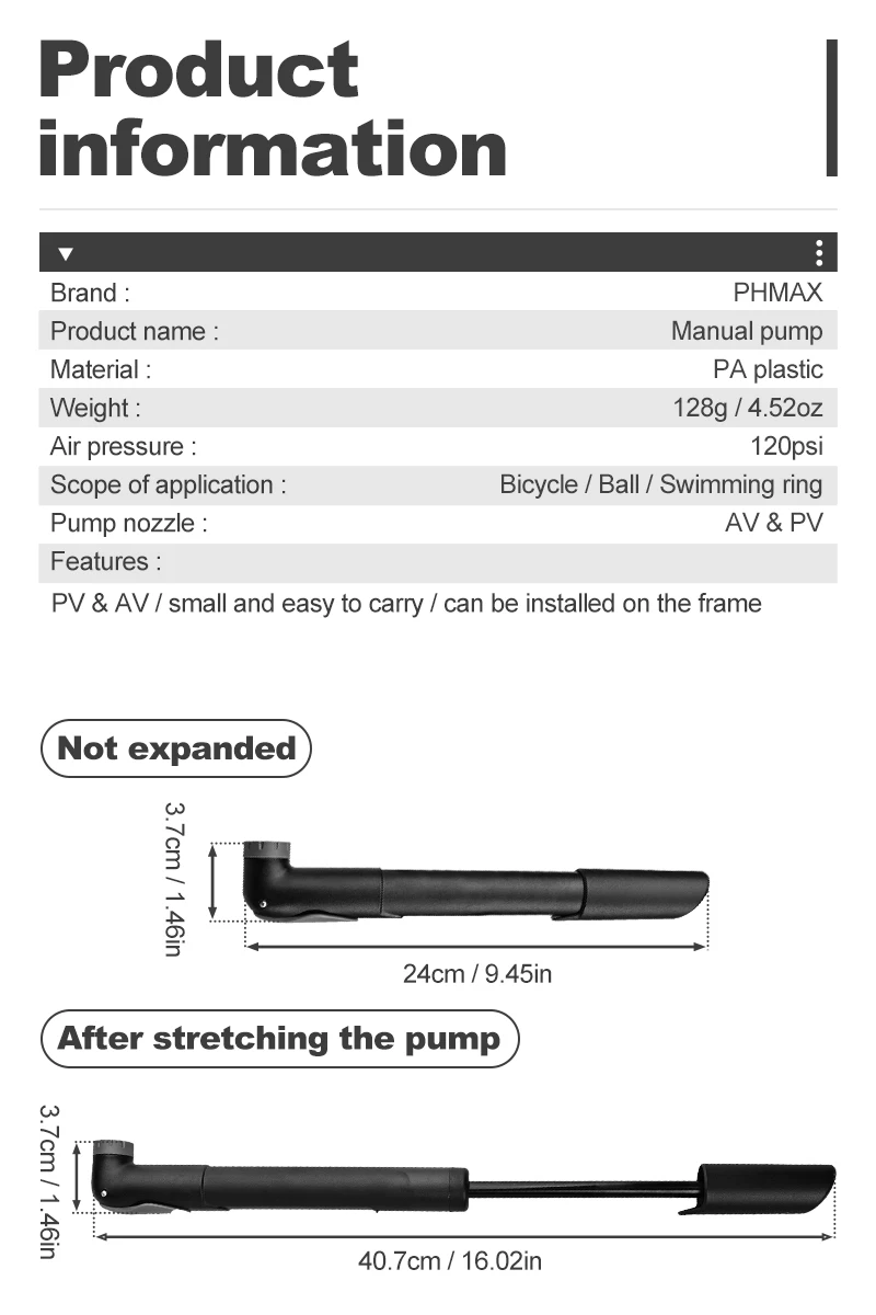 Description Picture 3 of itemPHMAX Bicycle Pump High Pressure Mini Portable Presta Valve Mountain Bike Road Bike Basketball Riding Equipment