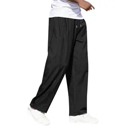 Retro Loose Harlan Trousers For Mens Soild Wide Leg Pants Pockets Tie Straight Leg Slacks Male Outdoor Streetwear Summer Pant