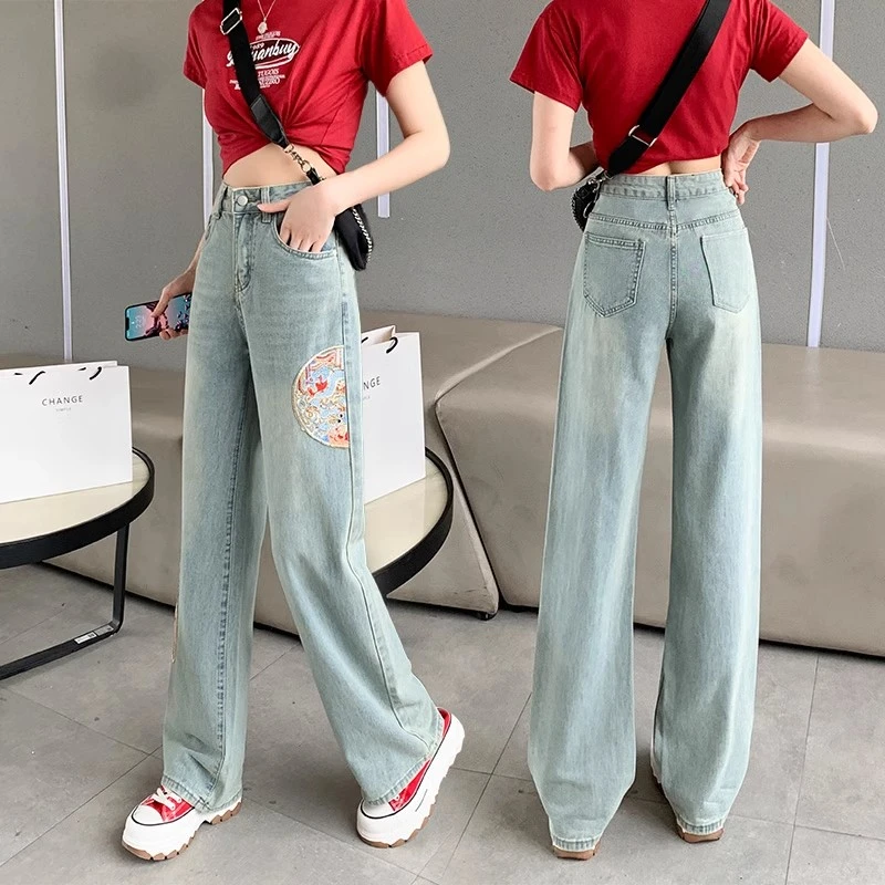 New Chinese high-waisted wide-legged jeans women's new country style embroidery thin narrow version of straight drag pants