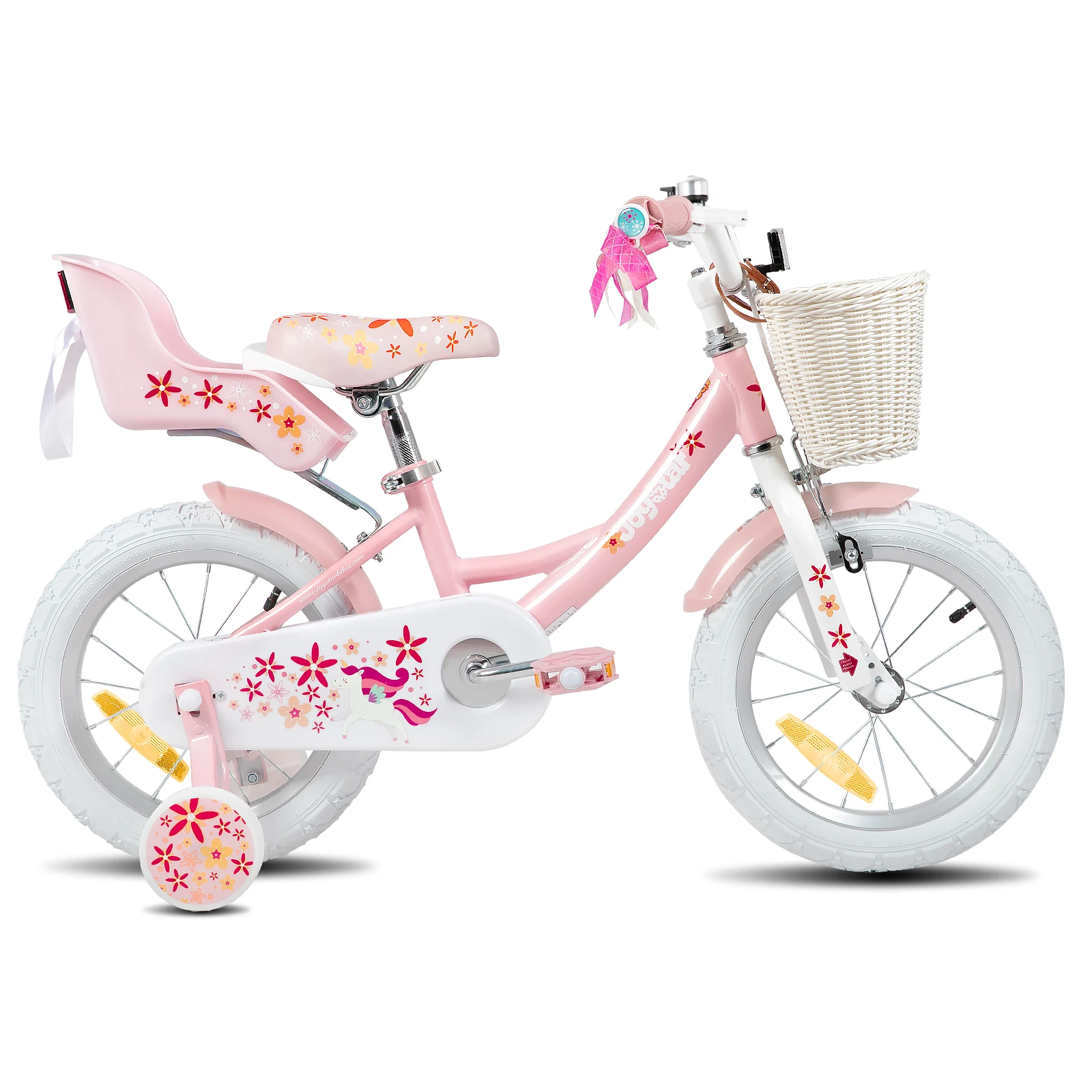 JOYSTAR Mädchenfahrrad für Kinder im Alter von 2–9 Jahren, 12 14 16 18 Zoll Kinderfahrrad mit Stützrädern, Luftschlangen, Korb, Puppensitz, Rosa