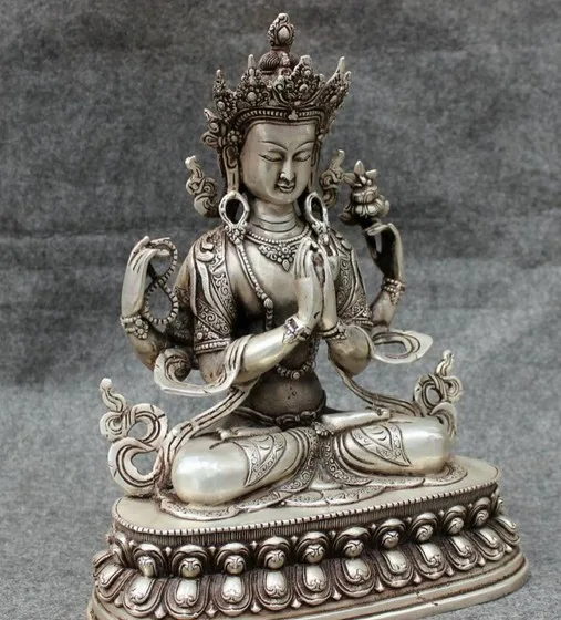 

Tibet Silver Buddhism Protect 4 Arms Chenrezig Buddha Statue Kwan-Yin