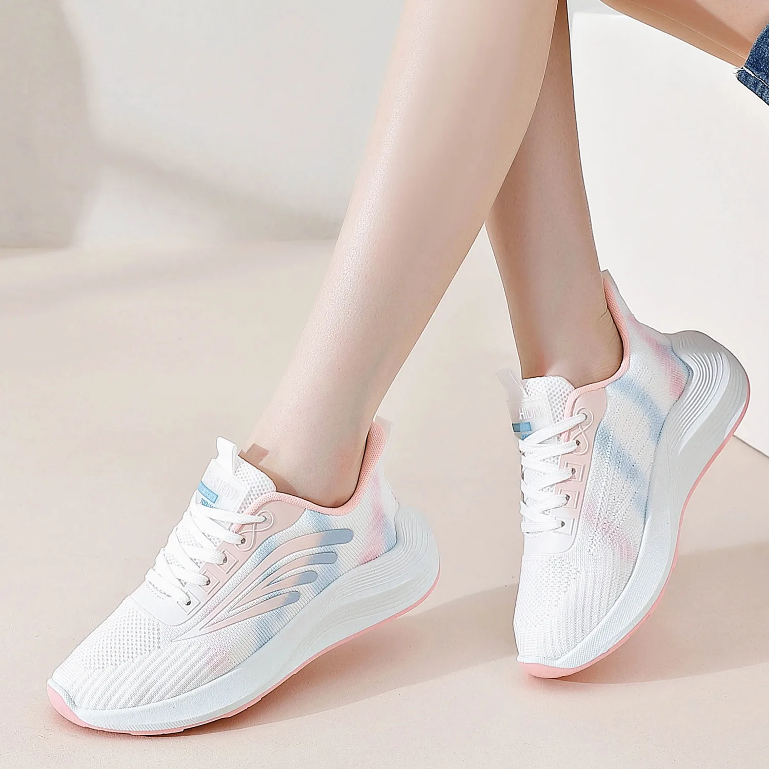 Women Casual Shoes Fashion Sneakers Lace Up Mesh Breathable Outdoor Walking White Shoes Woman Non-slip Thick Sole Tennis Shoes