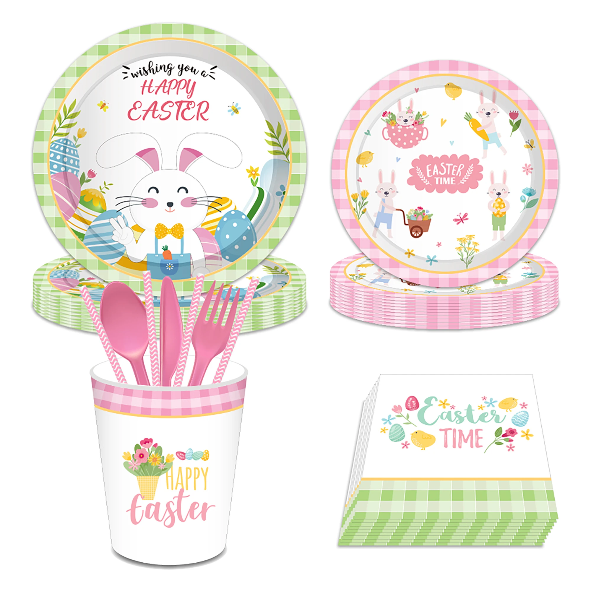 

Cartoon Easter Bunny Pattern Disposable Tableware Sets Happy Easter Eggs Plates Cups Paper Napkins Party Dinnerware Decor Favors