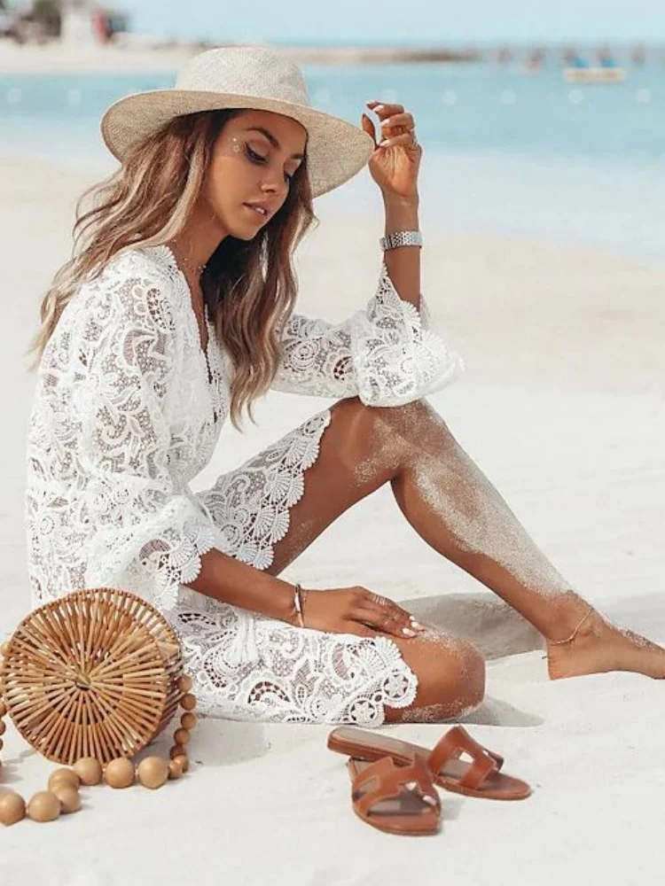 Women Summer Beach V Neck Lace Dress