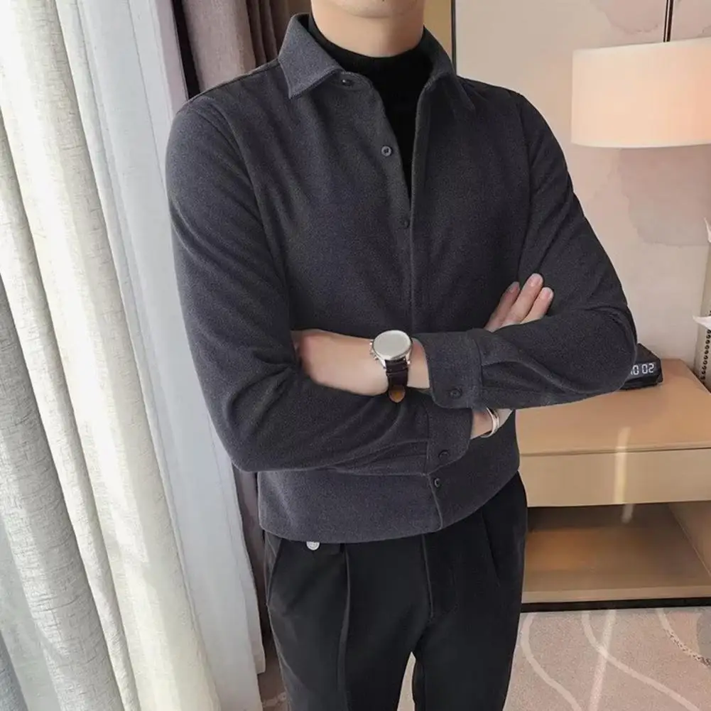 

Slim Fit Shirt Men's Slim Fit Lapel Shirt with Single-breasted Solid Color Buttons Soft Breathable Mid Length Top for Fall