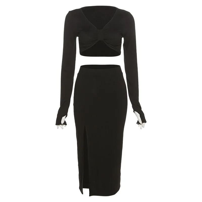 Wind Winter New Women's Fashion Long SleeveVCollar Exposed NavelTT-shirt Slim Fit Slit Skirt Suit WomenCok