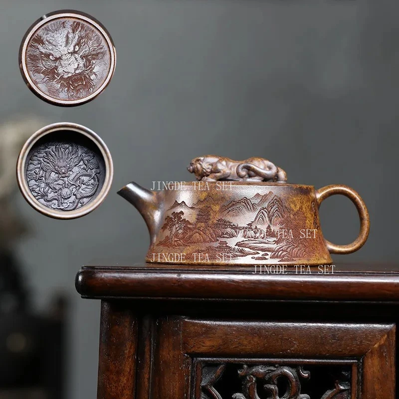 220ml Chinese Yixing Handmade Purple Clay Teapot Creative Household Tea Pot Hand-carved Dragon Tiger Kettle Zisha Tea Set Gifts