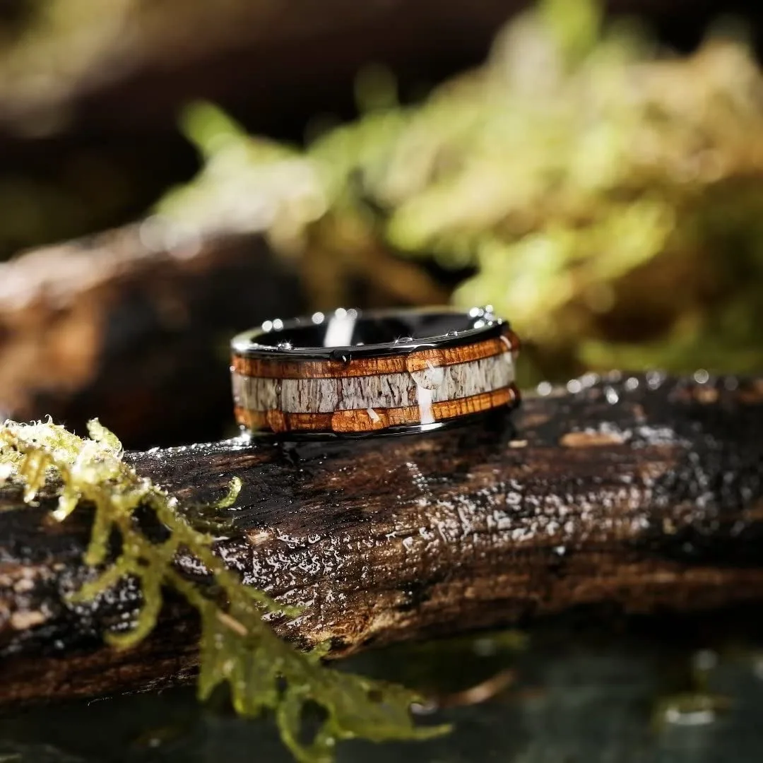 8mm Men Stainless Steel Rings Black Brushed Deer Antler And Koa Wood Wedding Band Jewelry