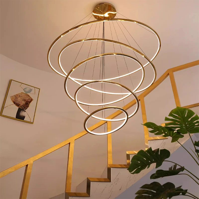 Ring lamp LED chandelier dining room bedroom duplex floor living room large chandelier staircase loft stainless steel metal rings metal rings for decoration