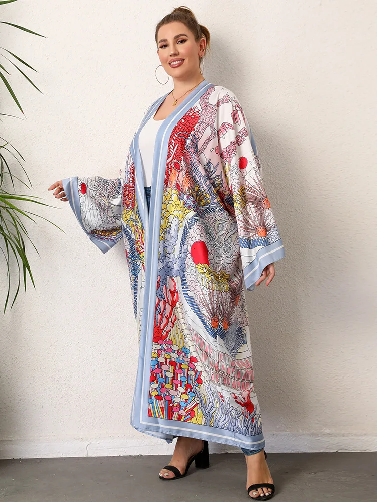 Beach Kimono | Floral Printed Long Plus Size Kimono Dress