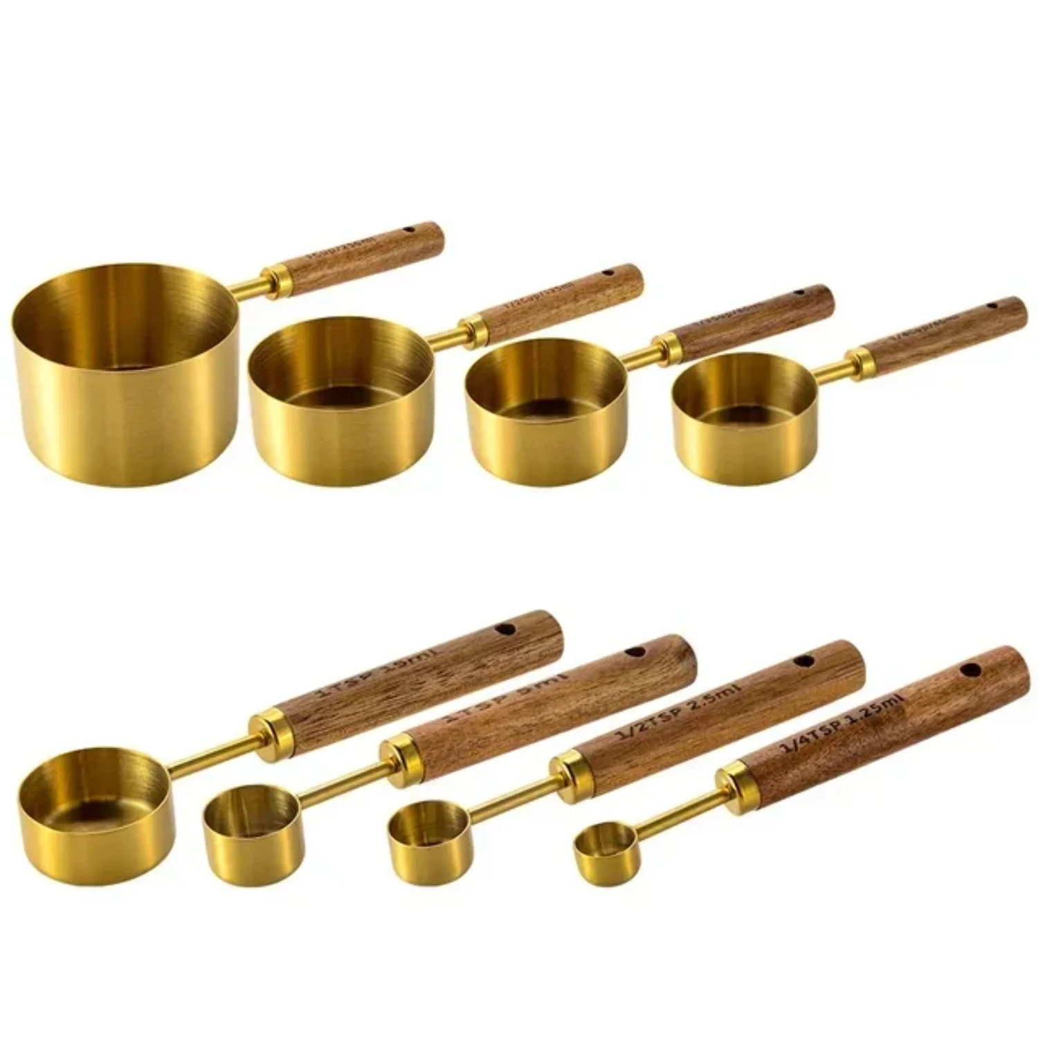8Pcs Measuring Cups Spoons Gold Wooden Handle Stainless Steel Baking Tools Coffee Bartending Scale Kitchen Accessories Sets
