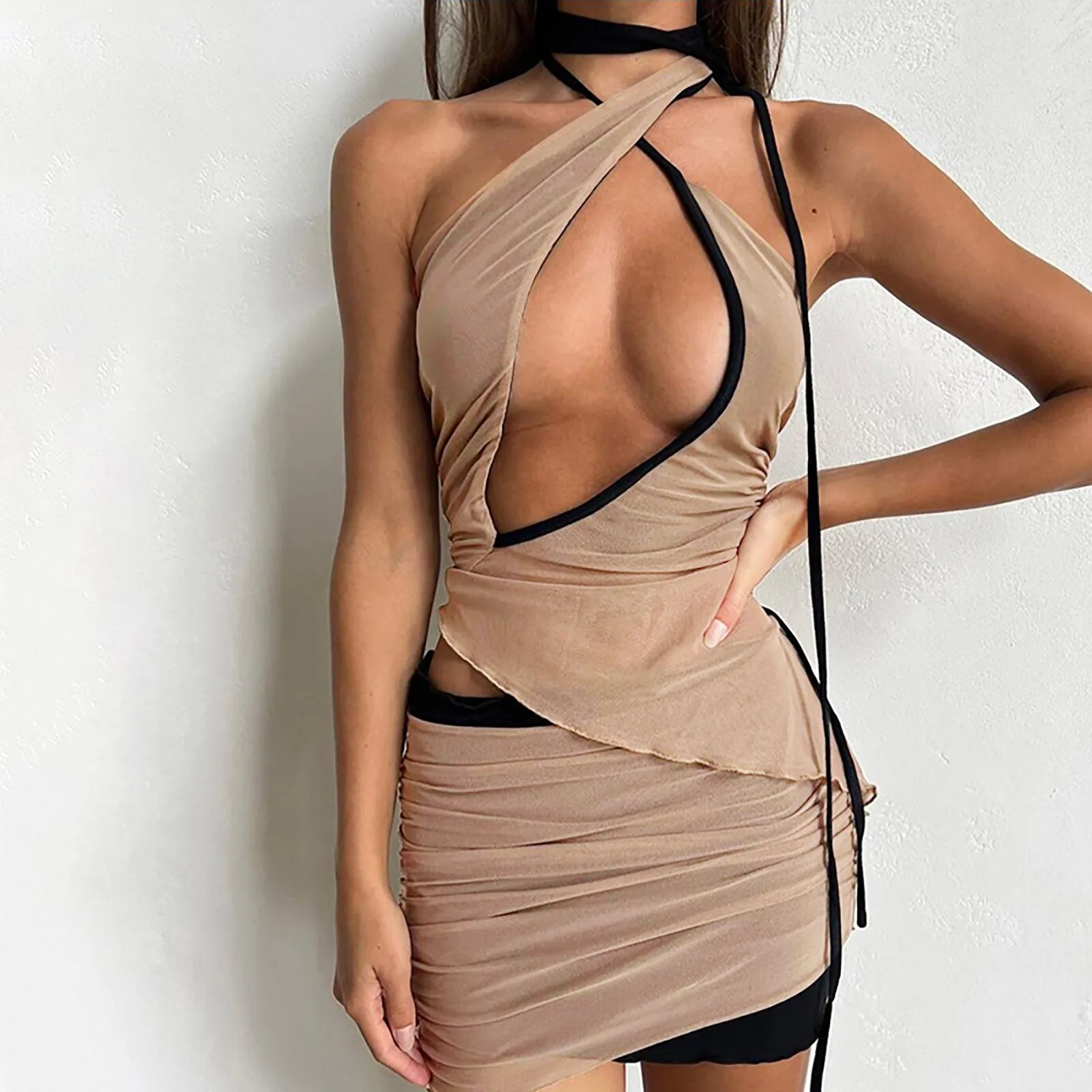 

Лидер продаж 2023, кружевной сетчатый комплект из 2 предметов, привлекательный тонкий укороченный топ, рубашка, облегающая мини-юбка с высокой талией