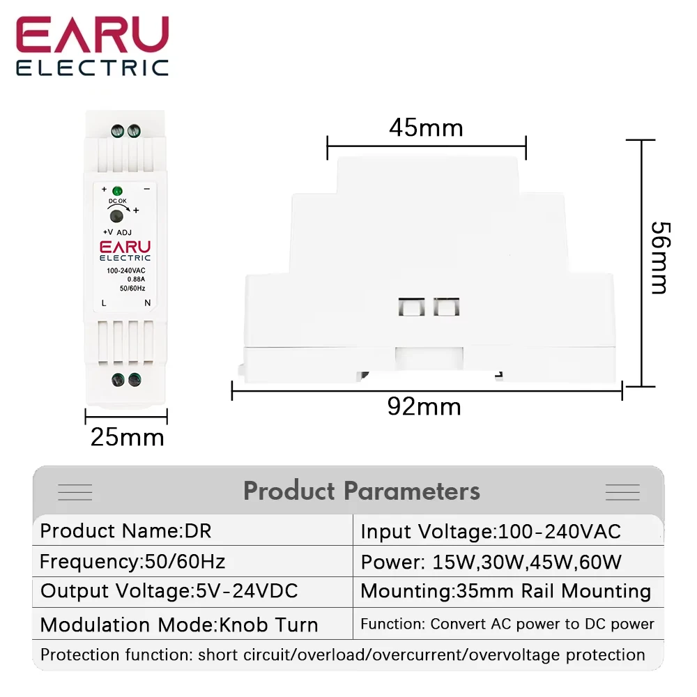 220VAC/24VDC 1,2A voeding DIN-rail montage