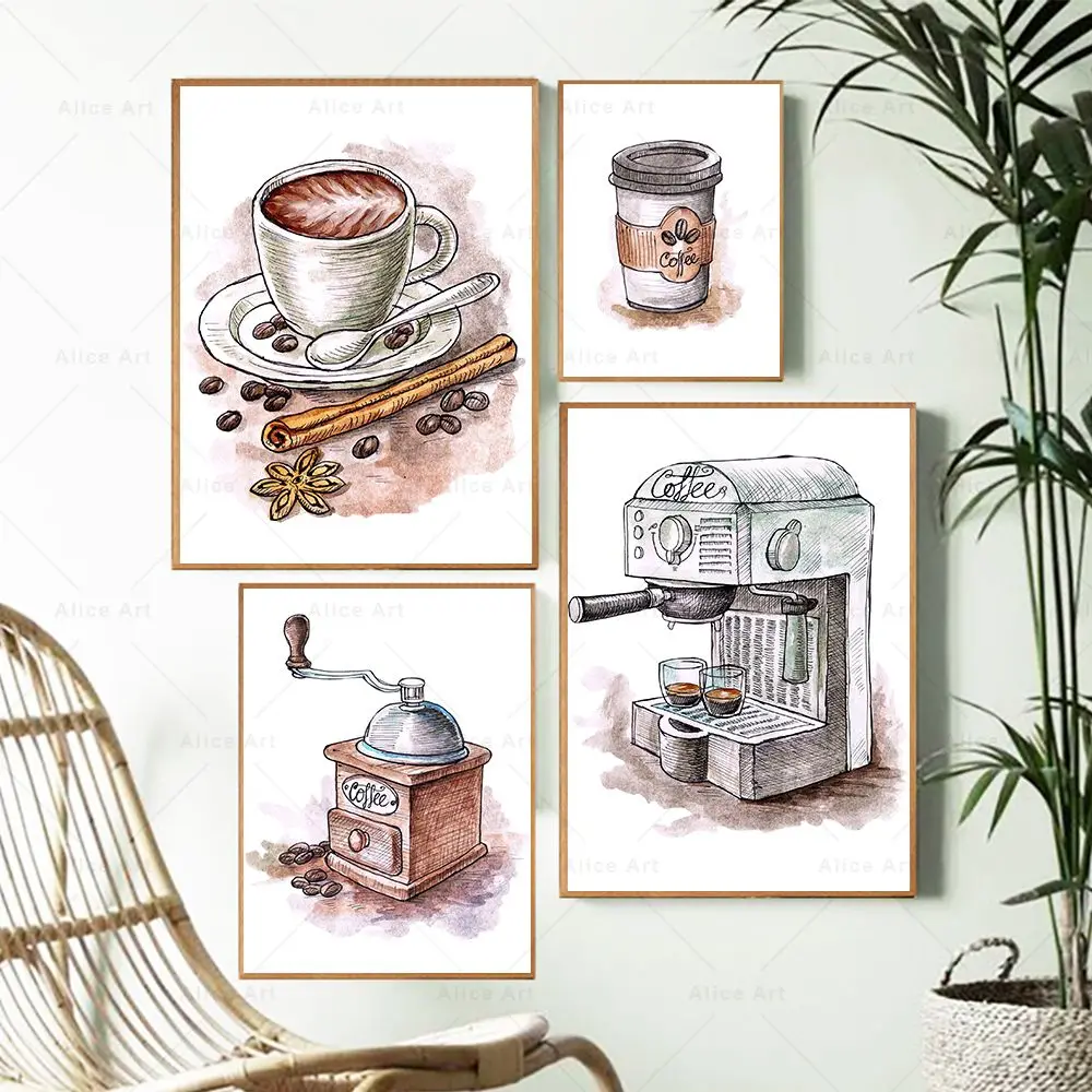 Vintage Coffee Cup Wall Art Canvas Painting Nordic Poster E Stampe Acquerello Coffee Machine Pictures Cafe Kitchen Home Decor