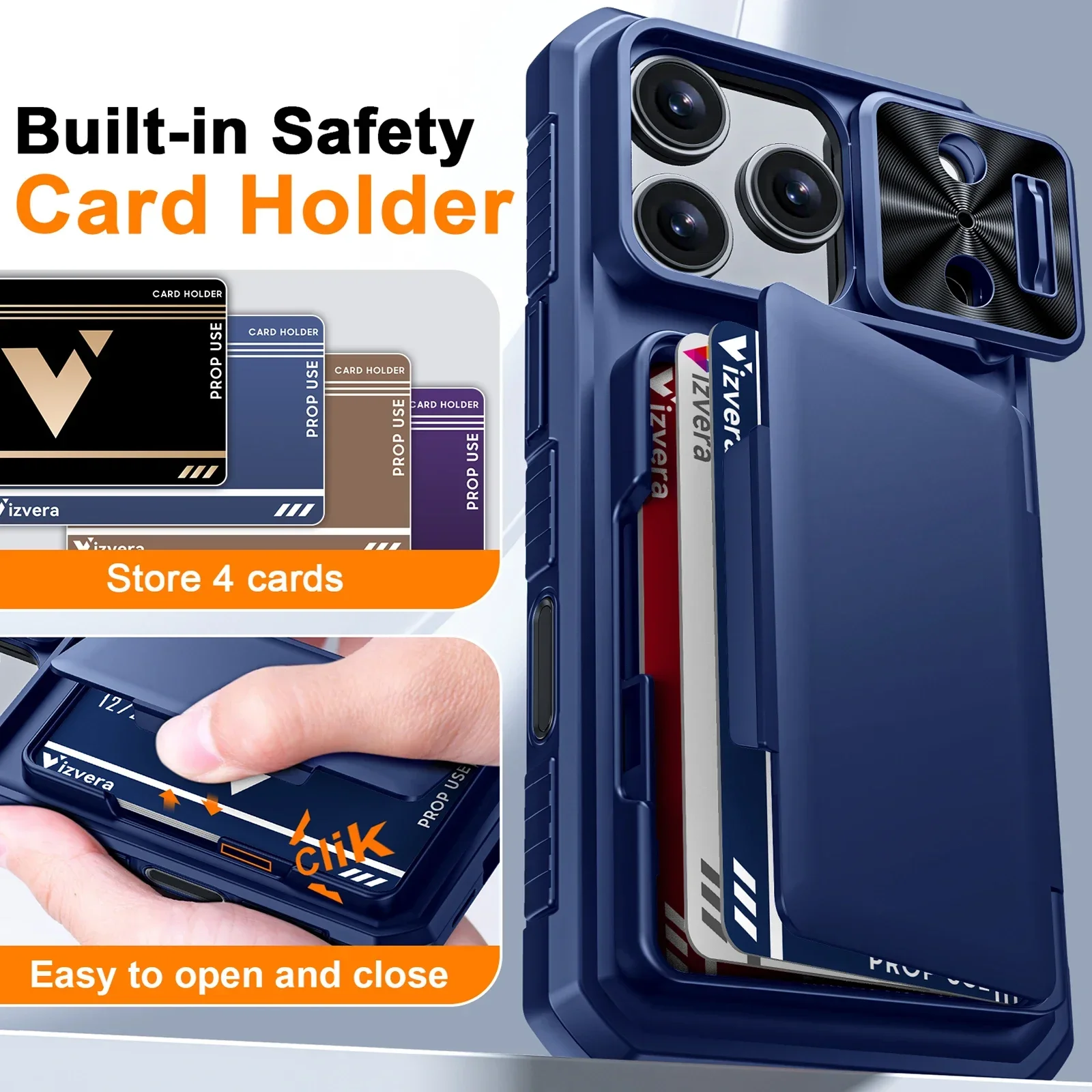Premium Wallet Case with Card Slot & Slide Camera Protection - Anti-Fingerprint Rugged Phone Cover in Blue