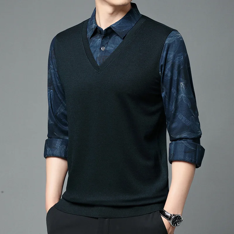 New Autumn Winter Fashion Trend Solid Color Striped Polo Collar Fake Two Piece Long Sleeve Simple Casual Men's Loose Sweater Top