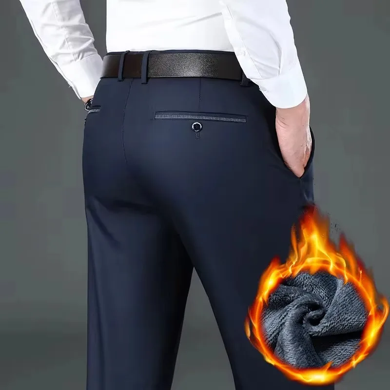 Winter New Flannel Thick Men's Casual Pants Fleece Navy Black Business Straight Slim Stretch Warm Plush Trousers Male 2