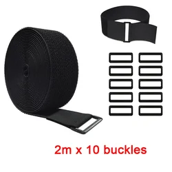 Adjustable Black Nylon Hook and Loop Fastening Straps with Buckles for Cable Organization and Storage (2m with 10 buckles)