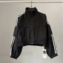  Short Jackets Women Sports Cargo Windbreaker Stripe Bomber Baseball Coat with Pockets Track Zipper Cropped Outerwear Female 2023 