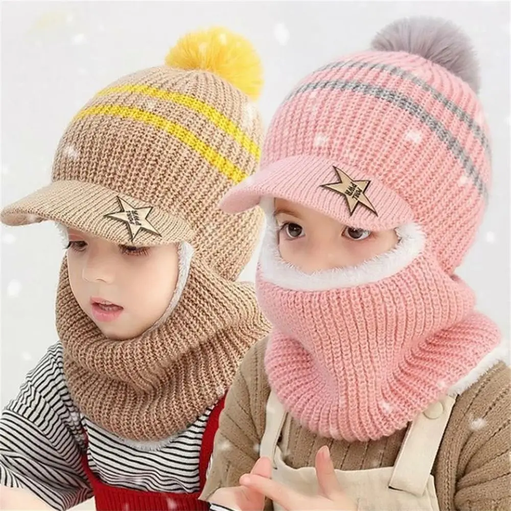 

Baby Hooded Scarf Earflap Winter Thicken Warm Hat Baby Girl and Boy PomPom Beanie Hat Kids Warm Fleece Lining Ear Protection Cap