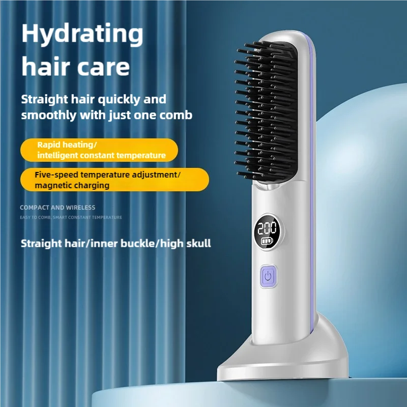 Mini USB Rechargeable Hair Straightener Brush, Portable Electric Straightening Comb with Lcd Display - Travel-Friendly Cordless 2