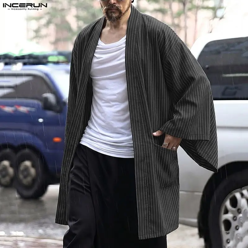 INCERUN 남성용 스트라이프 가디건 트렌치 오픈 스티치 긴 소매 캐주얼 루즈 남성 코트 streetwear 2026 롱 스타일 아우터웨어 S-3XL