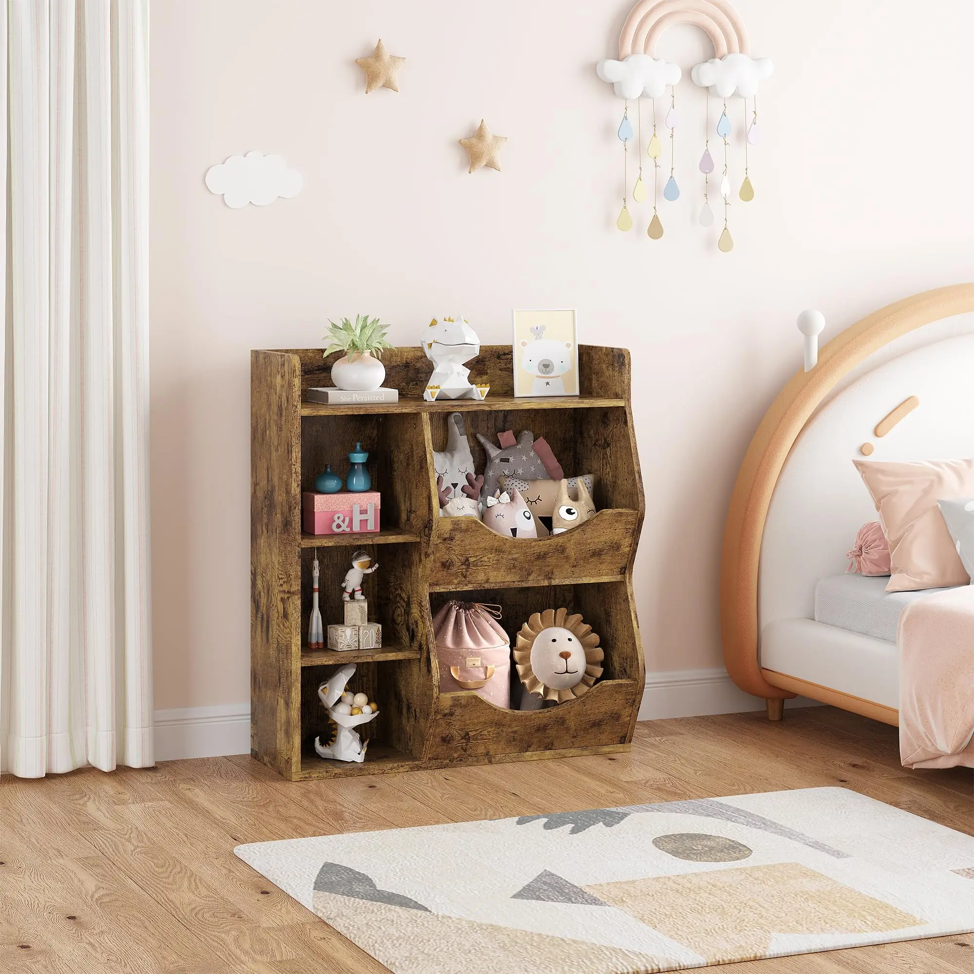 3-stöckiges Kinder-Bücherregal, Bücherregal, Fußteil, Spielzeugaufbewahrung, Cubby White, 5 Fächer, Kinderspielzeugregal, Spielzeugaufbewahrungsschrank, Flur – Detail 7