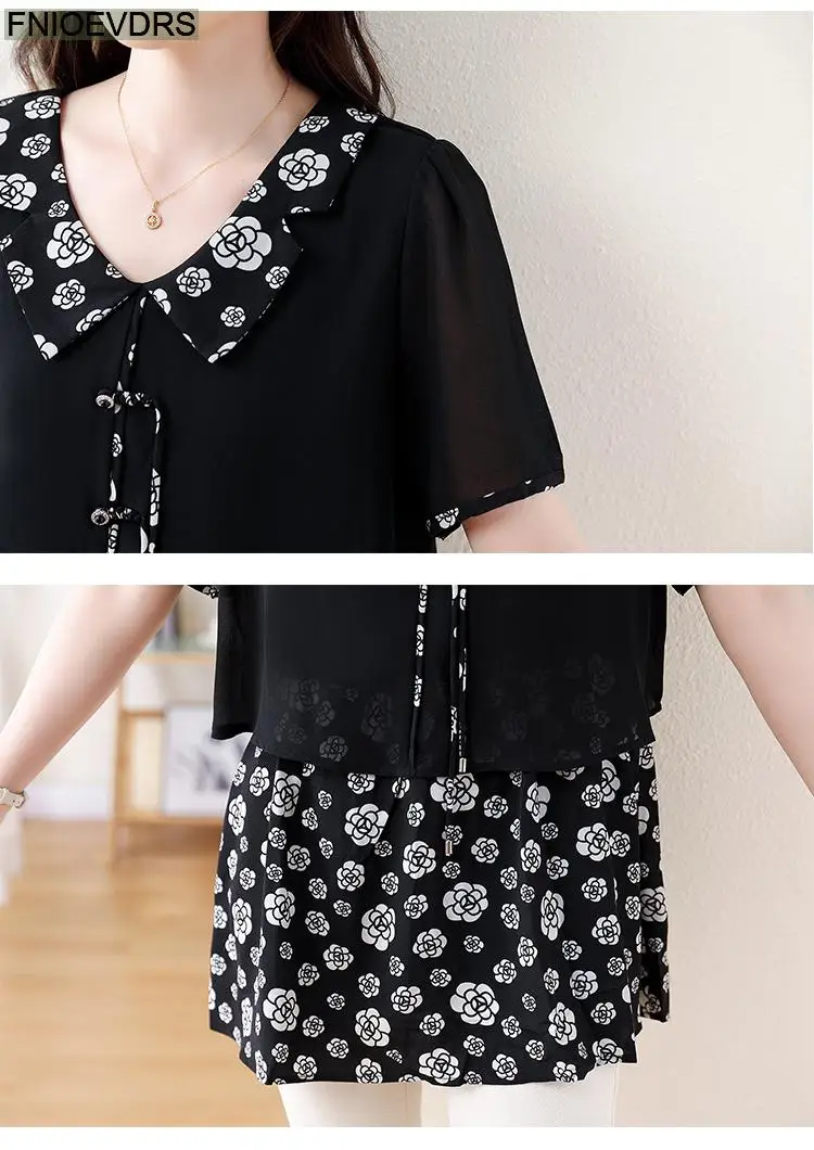 L-5XL Loose Clothes 2024 Women Summer Short Sleeve Elegant Ruffles Shirts Casual Retro Floral Tunic Peplum Tops And Blouses