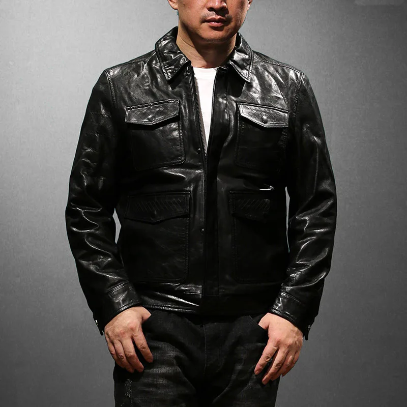 

YL600 European US Size High Quality Super Warm Genuine Sheep Leather Coat Mens Big Biker Jacket