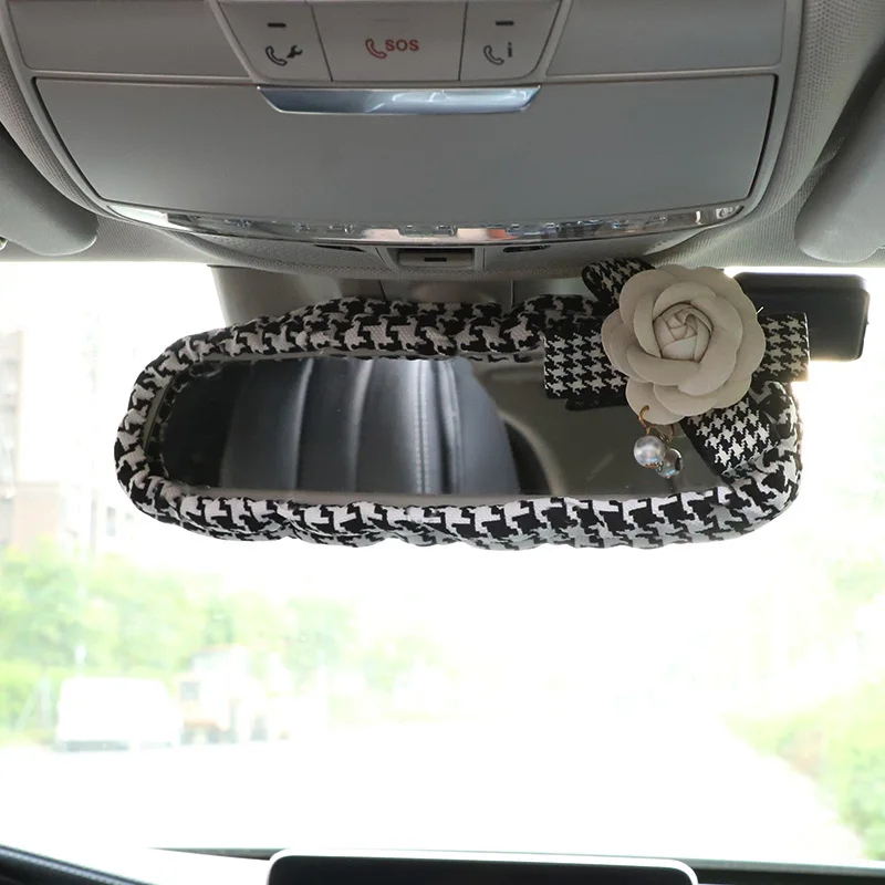 Classic Plaid Bowknot Universal Car Mirror Cover Universal Stretch Auto Interior Rearview Mirror Case Decortion Accessories
