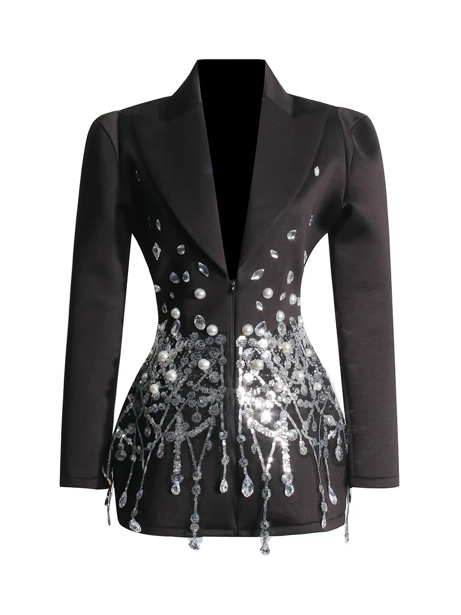 シミアンリング　2way jacket BLUE/BLACK XL 新品未使用 Tannt Women Blazer Diamonds Sequins Splicing Black Fashion