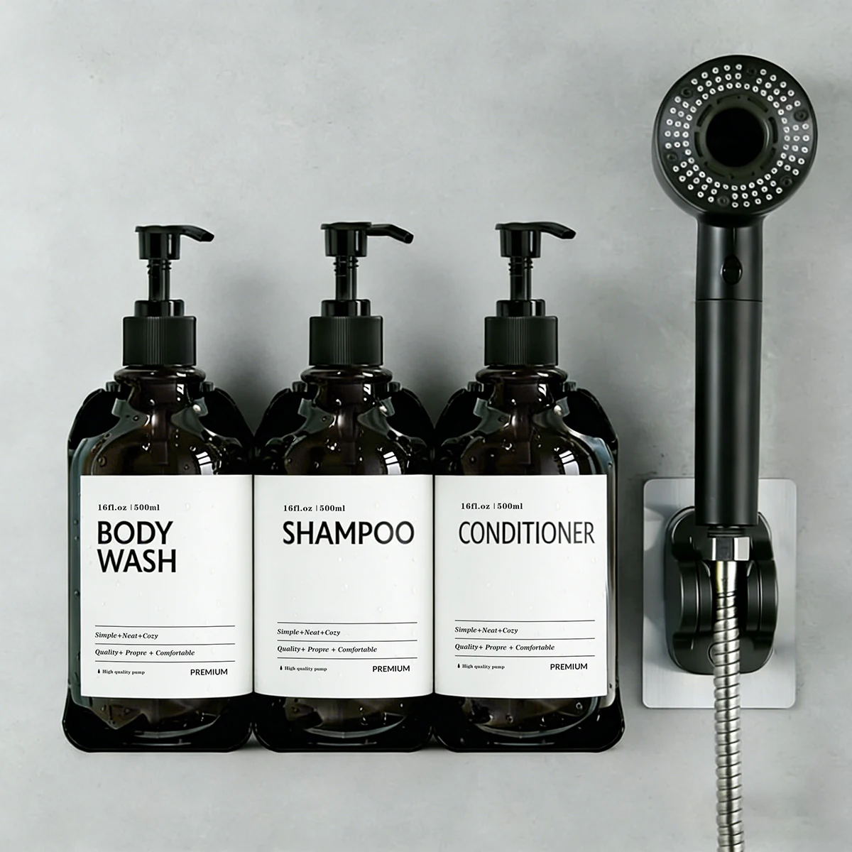 2 or 3 Chamber Shampoo and Conditioner Dispenser Set - No Drill Minimalist Bathroom Organizer, 16oz Refillable Pump Bottles - Image 6
