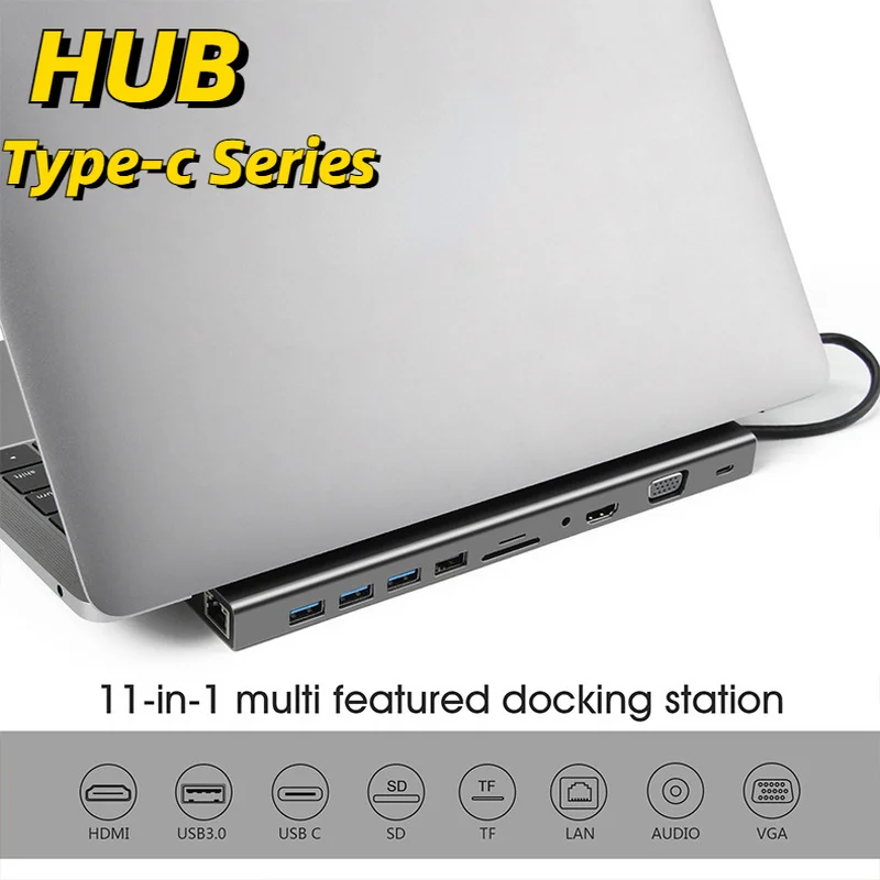 USB C Hub 11 In 1 Type C Dock 3.0 Splitter Multiport Adapter 4K HDMI-compatible RJ45 SD/TF VGA PD for MacBook IPad Xiaomi rankman type c to 4k hdmi compatible usb c 3 0 vga adapter dock hub for macbook hp zbook samsung s20 dex huawei p30 xiaomi 11 tv