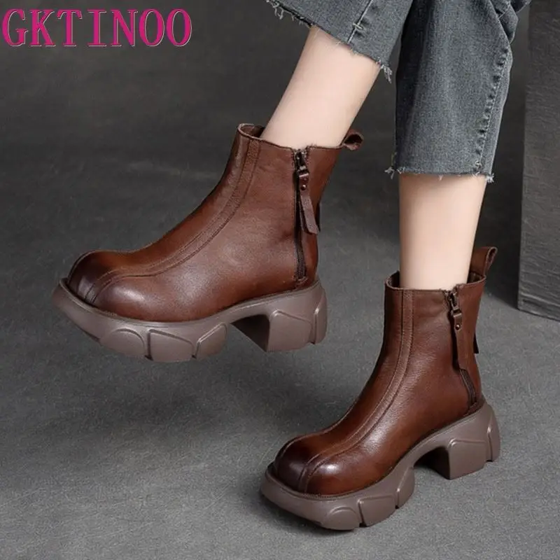 

GKTINOO Genuine Leather Thick Heeled Boots Women 2023 Winter New Round Toe Solid Color Retro Thick Soled Shoes Ankle Boots
