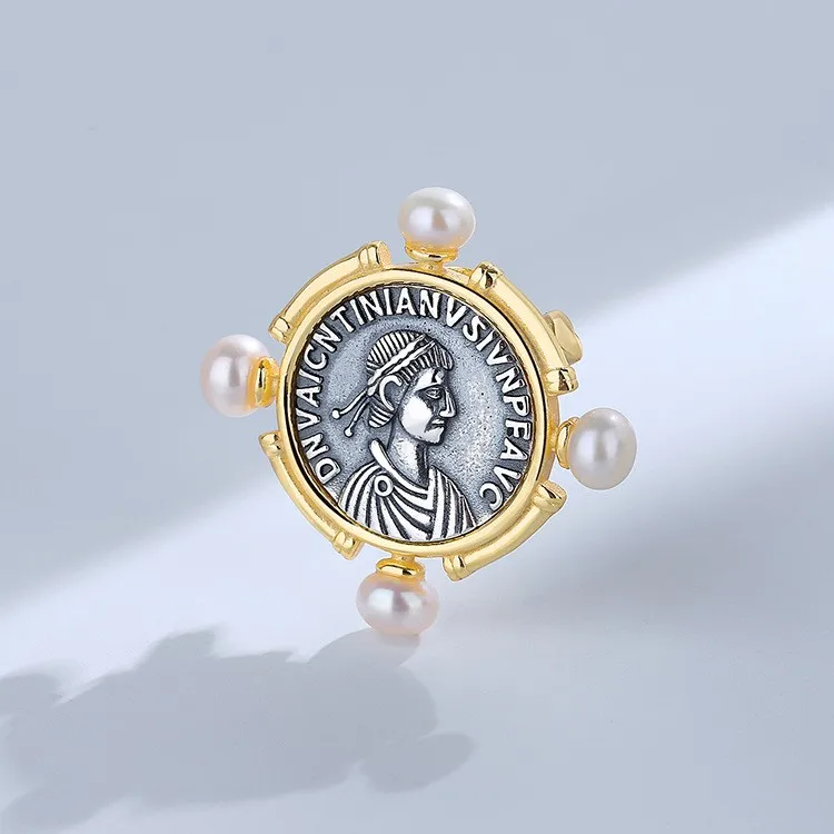 

DLS-1 ZFSILVER 925 Silver Fashion Luxury Retro Pearl Roman Gold Ancient Coins Brooches Without Chain Women Wedding Jewelry Girls