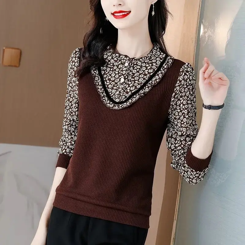 Elegant Printed Spliced Knitted Fake Two Pieces Blouses Women's Clothing 2023 Autumn Winter New Korean Tops Office Lady Shirts