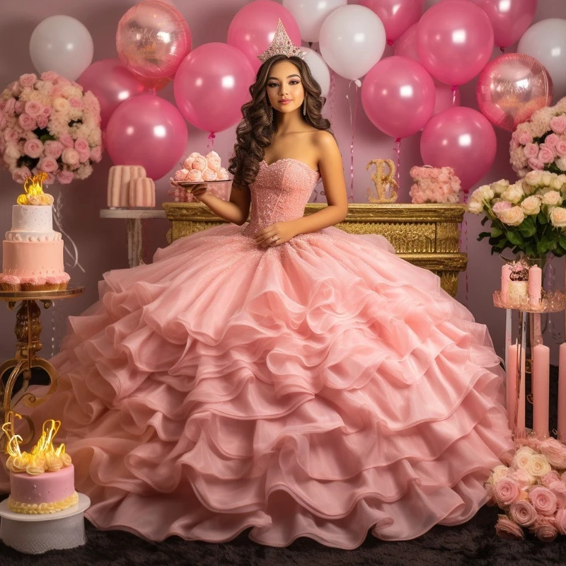 

2024 Sparkly Pink Off The Shoulder Quinceanera Dresses Beads Tull Tiered Ball Gown Birthday Gown Vestidos De 15 Años